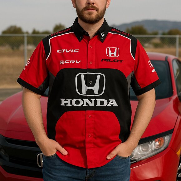 Racing Team Shirt Honda Motorsport Red Black Button-Up | Size M-L - Picture 2 of 4